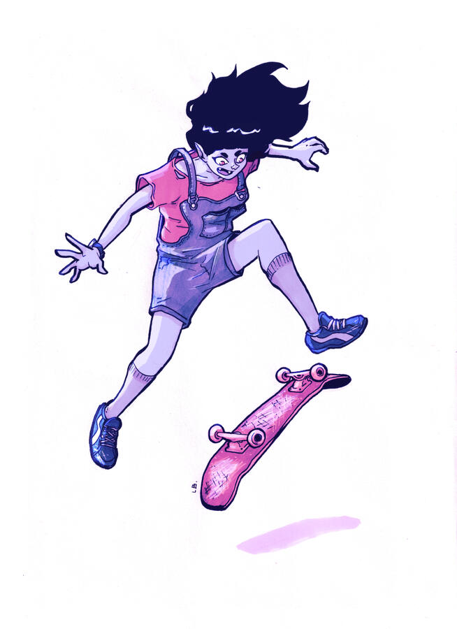 Pepper skateboarding, pen and paper + digital colors